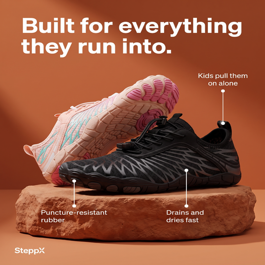 SteppX Splash features: puncture-resistant sole, quick-drying mesh, easy pull-on