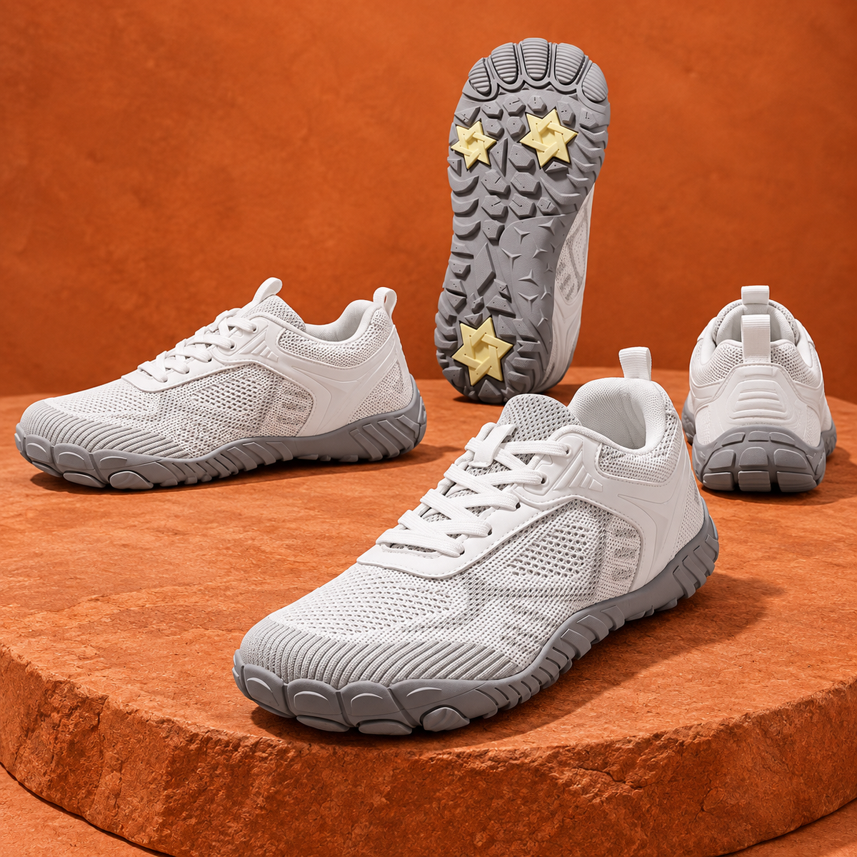 SteppX Flyknit Outdoor white four-angle product display on orange sandstone